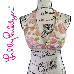 LILLY PULITZER BIKINI TOP PINK FLORAL SZ XS PADDING SWIM TOP BEACHY CHIC SUMMER